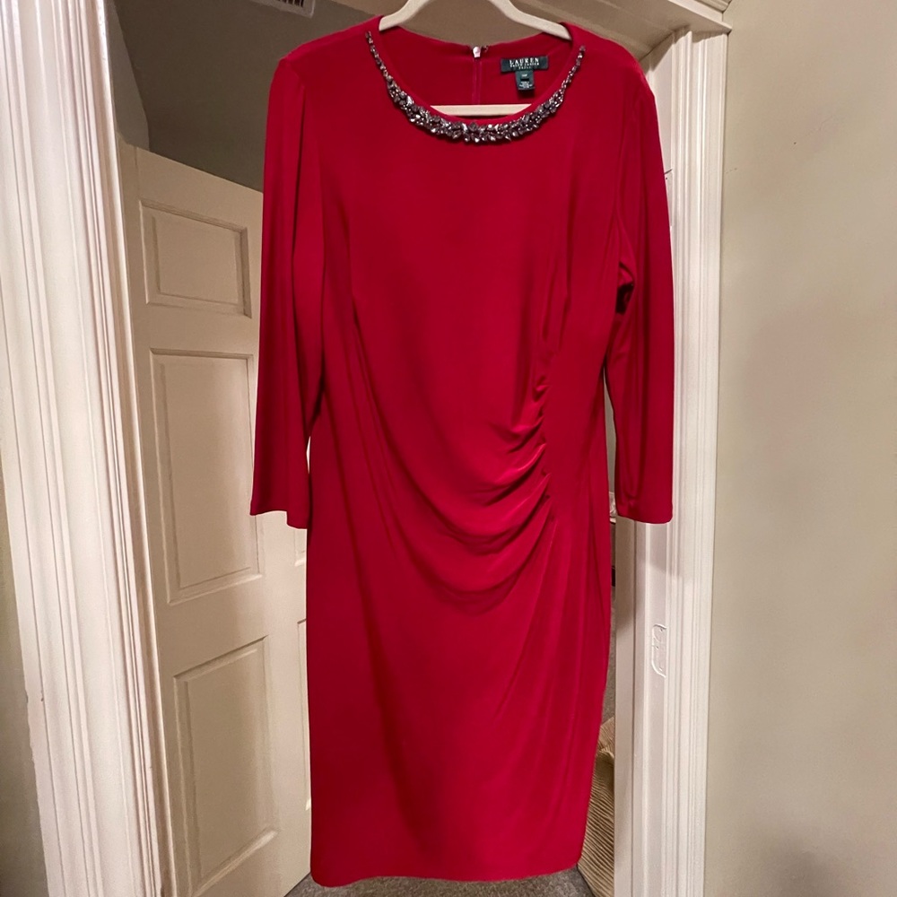 Lauren Ralph Lauren Red Dress with Embellished Neckline